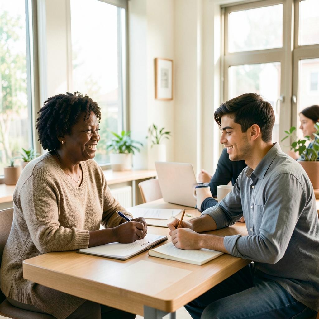 Two colleagues collaborating at a bright workspace