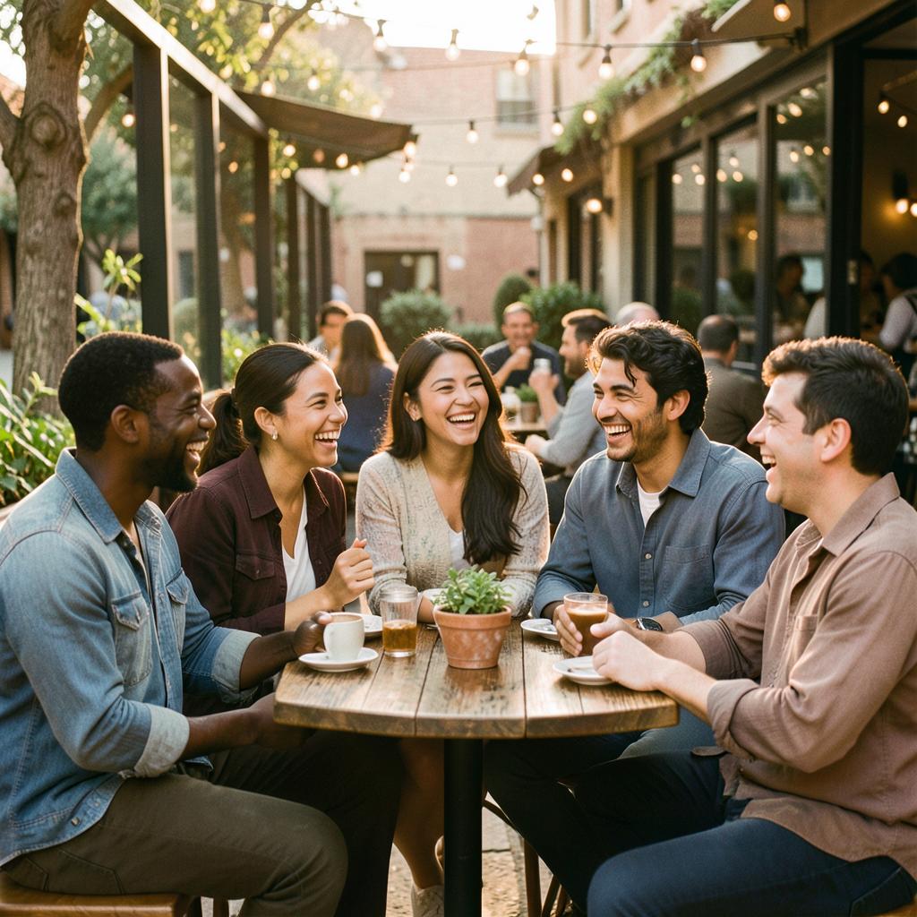 A group of friends laughing at an outdoor café