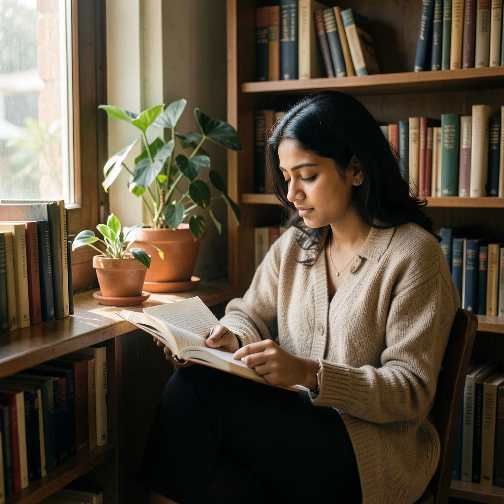 A young woman reading and journaling in a sunlit library