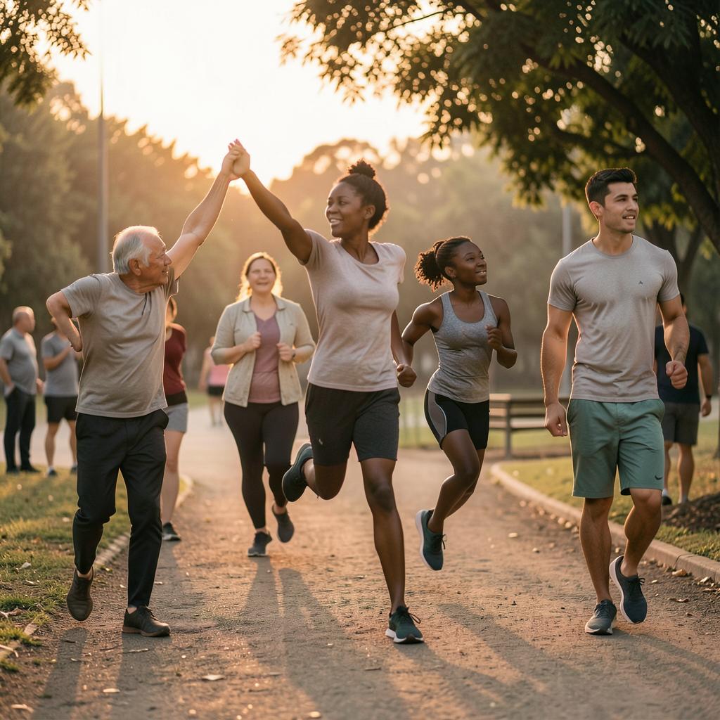 People of all ages exercising together in a park at sunrise