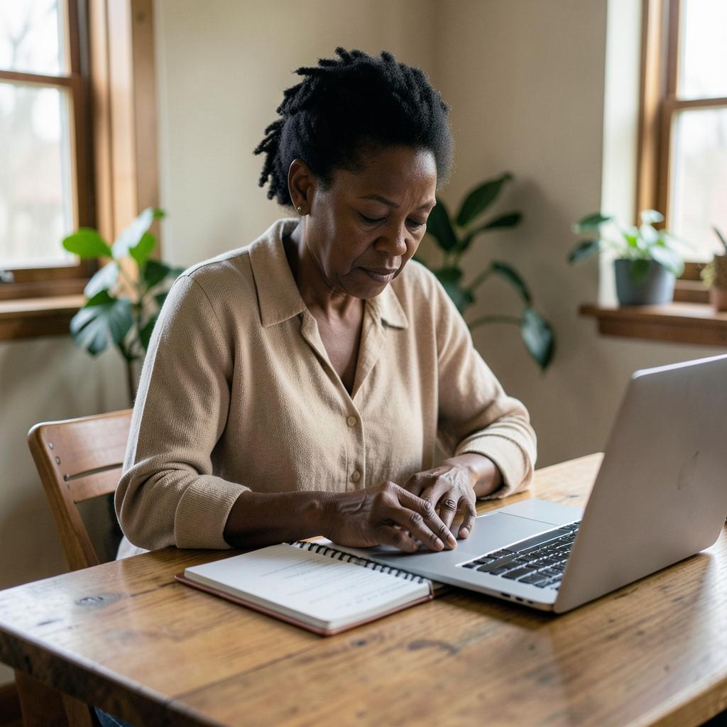 A woman calmly reviewing her finances at a wooden table