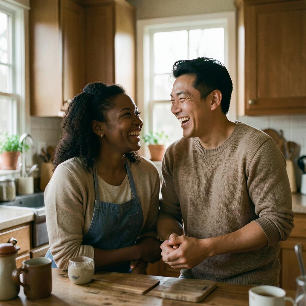 A couple laughing together in their kitchen