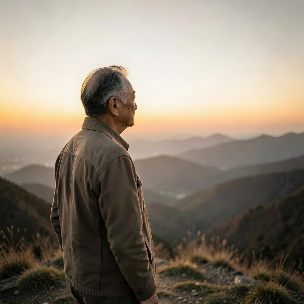 An older man looking out over mountains at dawn
